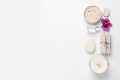 Photo of Flat lay composition with different spa products on white background. Space for text