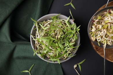 Photo of Mung bean sprouts with bowl and strainer on black table, flat lay