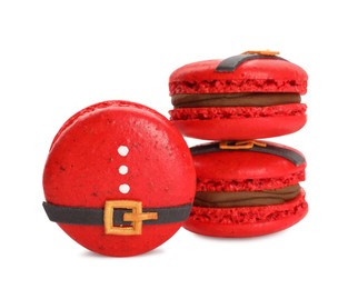 Beautifully decorated Christmas macarons on white background