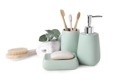 Photo of Bath accessories. Different personal care products and eucalyptus branch isolated on white