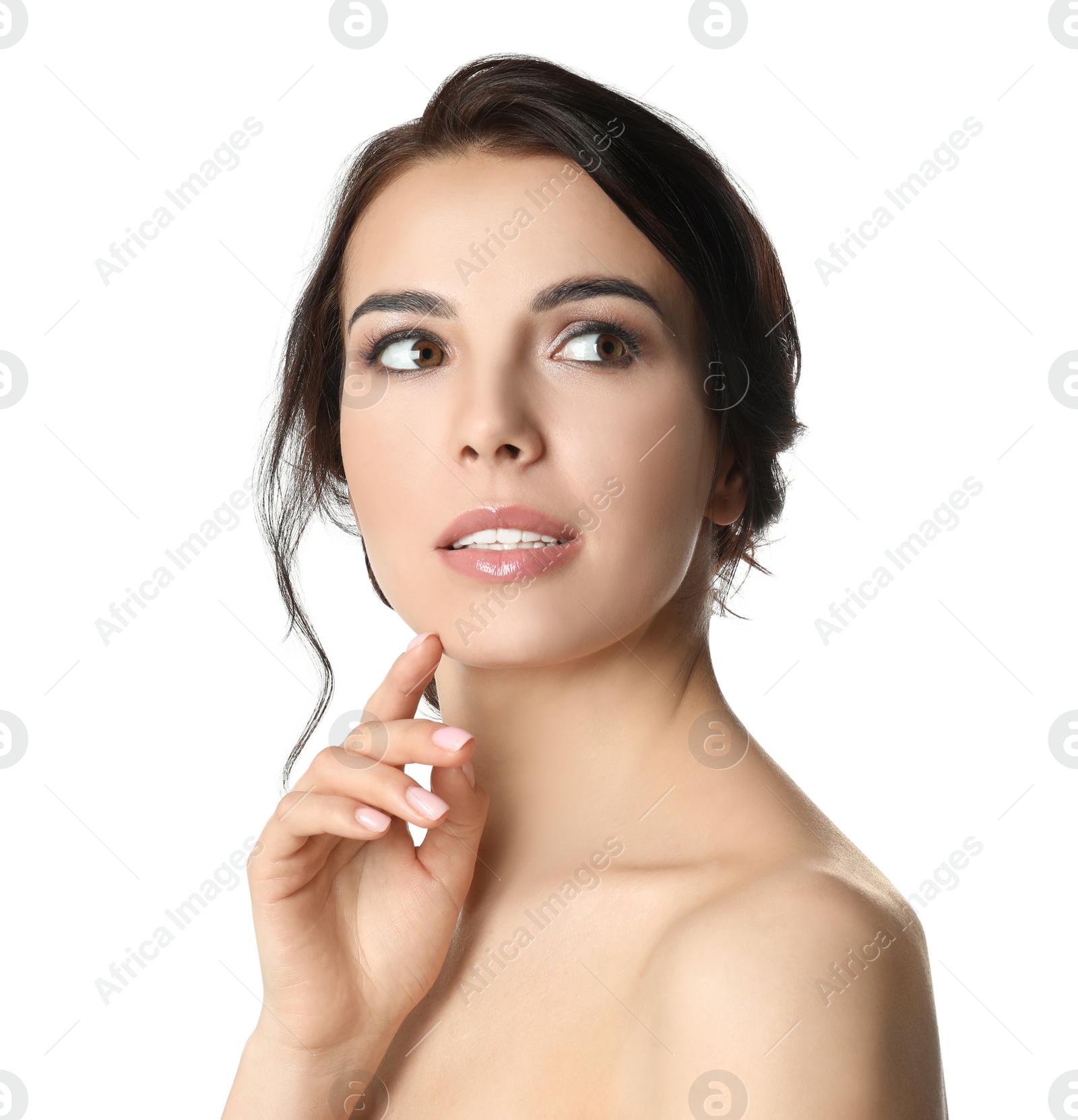 Photo of Portrait of young woman with beautiful hair on white background