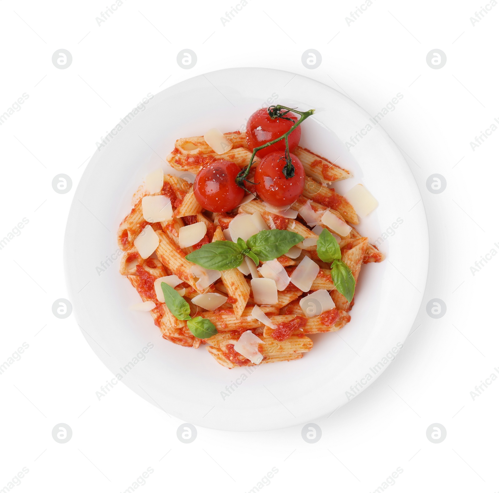 Photo of Tasty pasta with tomato sauce, cheese and basil isolated on white, top view