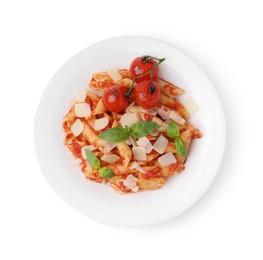 Photo of Tasty pasta with tomato sauce, cheese and basil isolated on white, top view