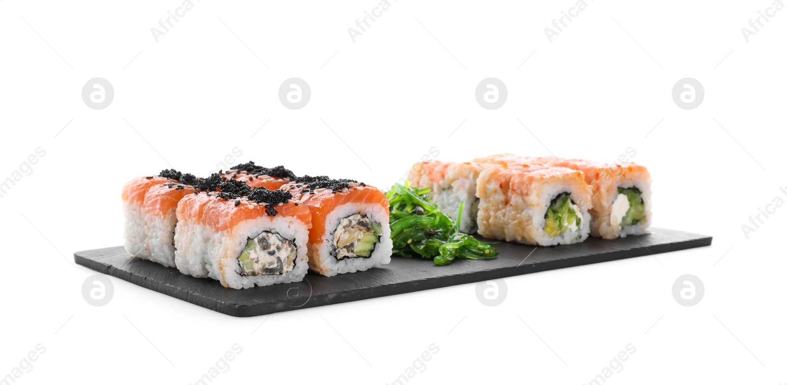 Photo of Delicious sushi rolls and chuka on white background