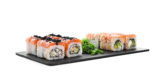 Delicious sushi rolls and chuka on white background