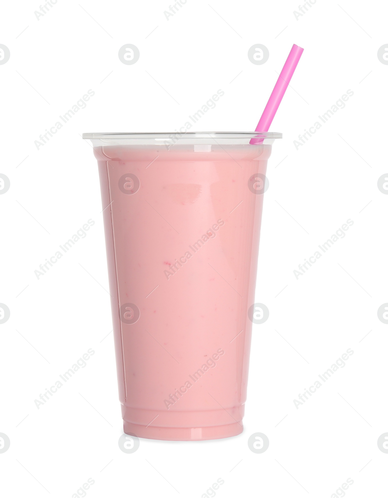 Photo of Plastic cup of tasty smoothie isolated on white