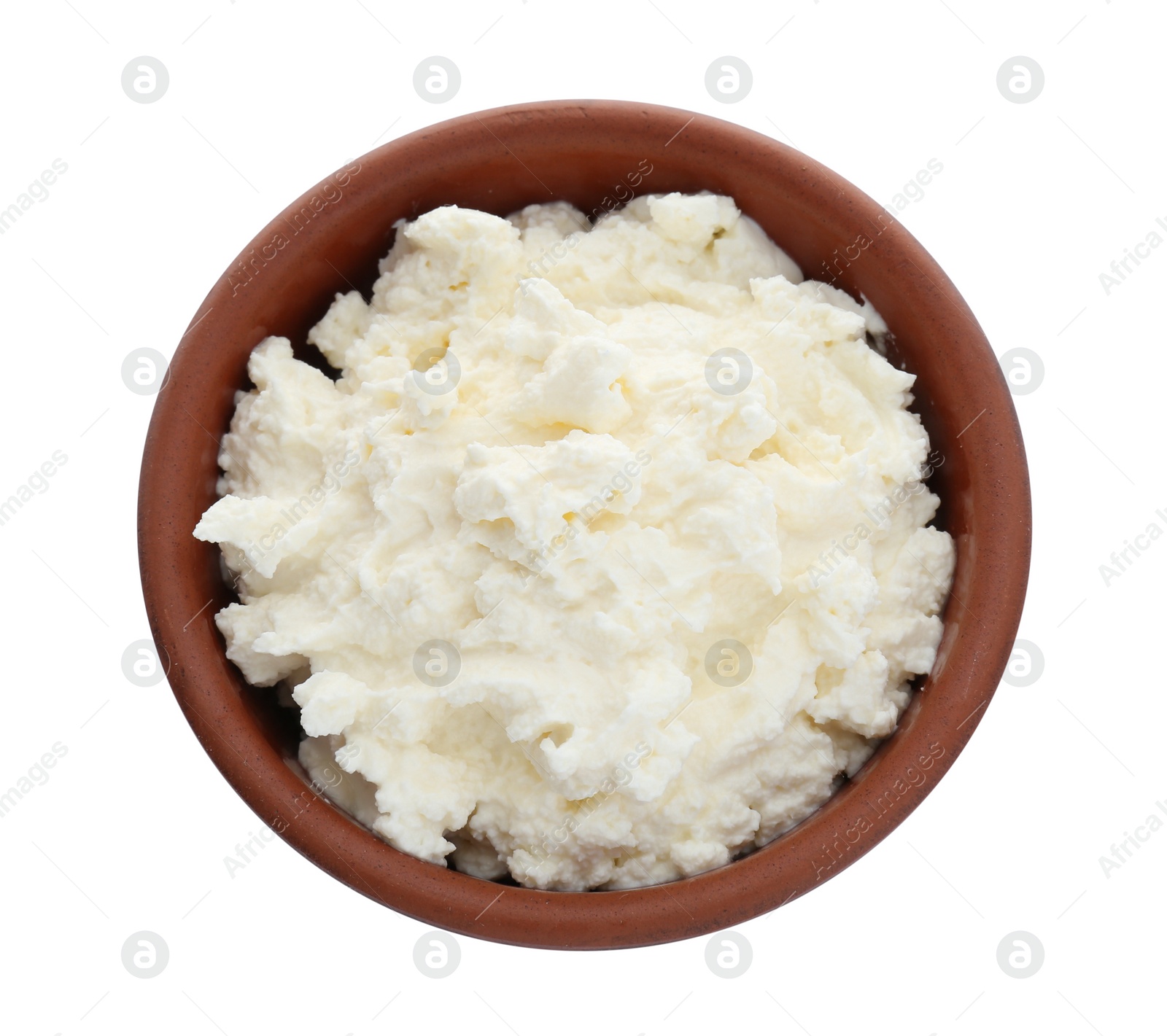 Photo of Delicious tofu cream cheese in bowl isolated on white, top view