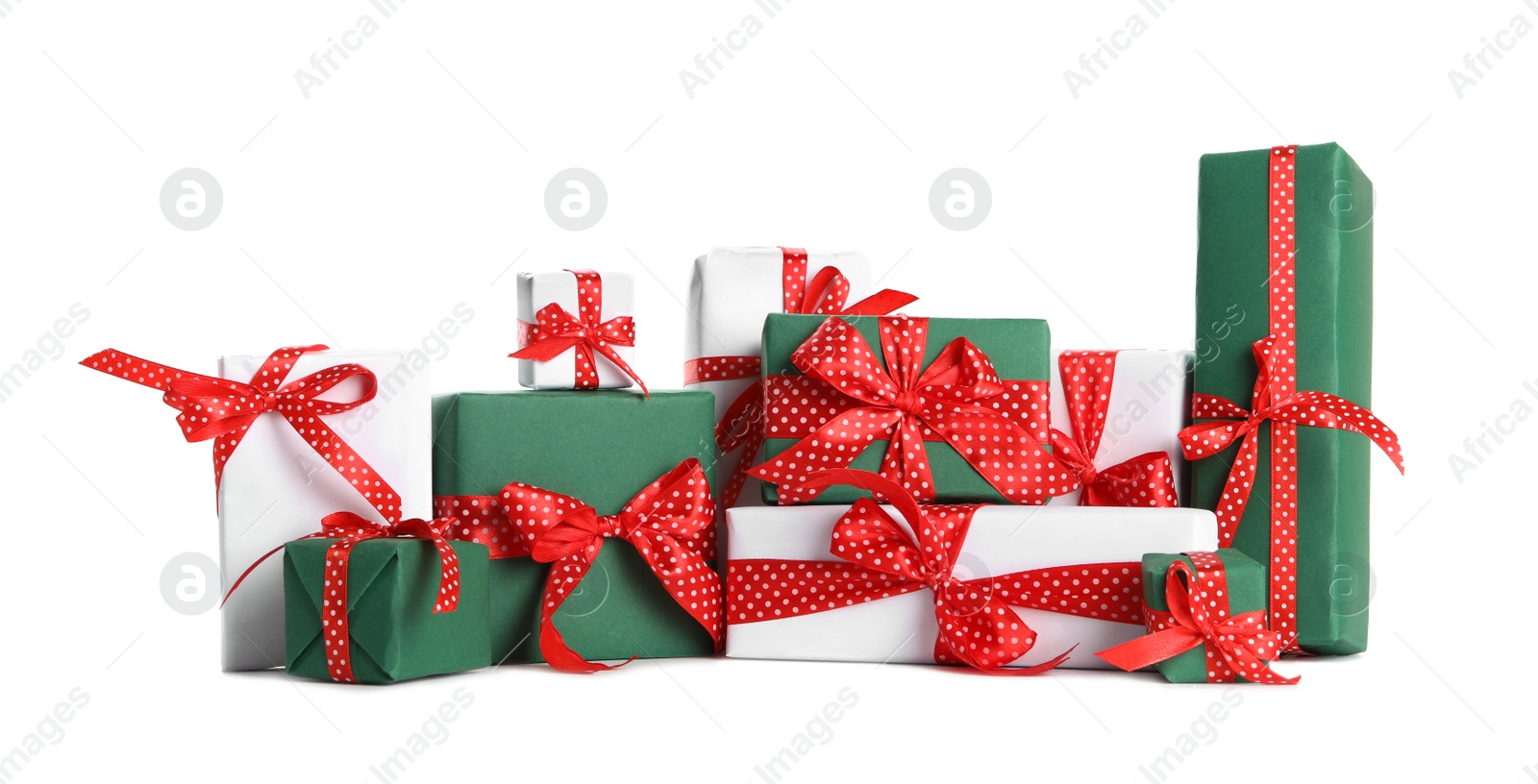 Photo of Many different Christmas gifts on white background