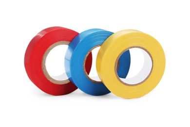 Photo of Colorful insulating tapes on white background. Electrician's supplies