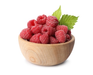 Photo of Bowl of delicious fresh ripe raspberries with leaves on white background