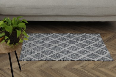 Photo of Rug near sofa and table with houseplant in room. Interior accessory