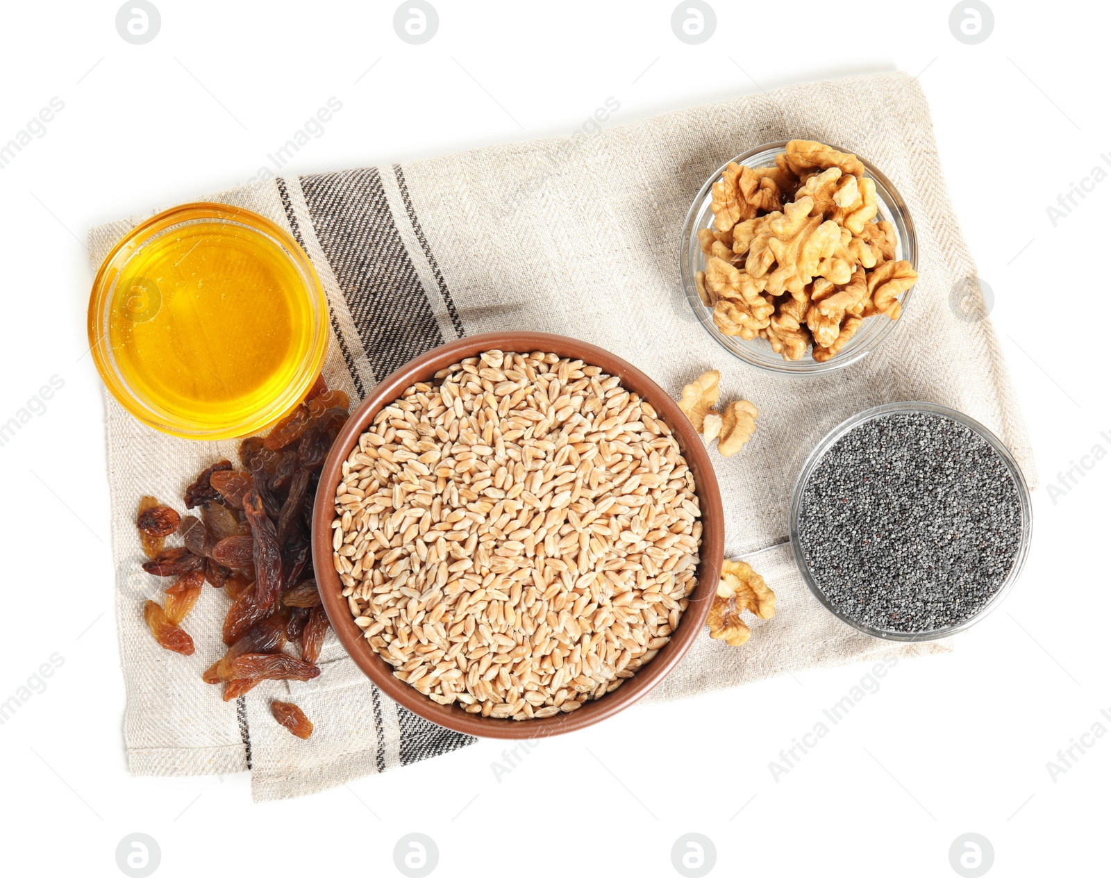 Photo of Ingredients for traditional kutia on white background, top view