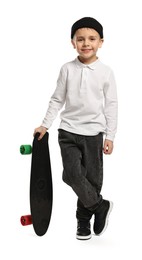 Photo of Fashion concept. Stylish boy with skateboard on white background