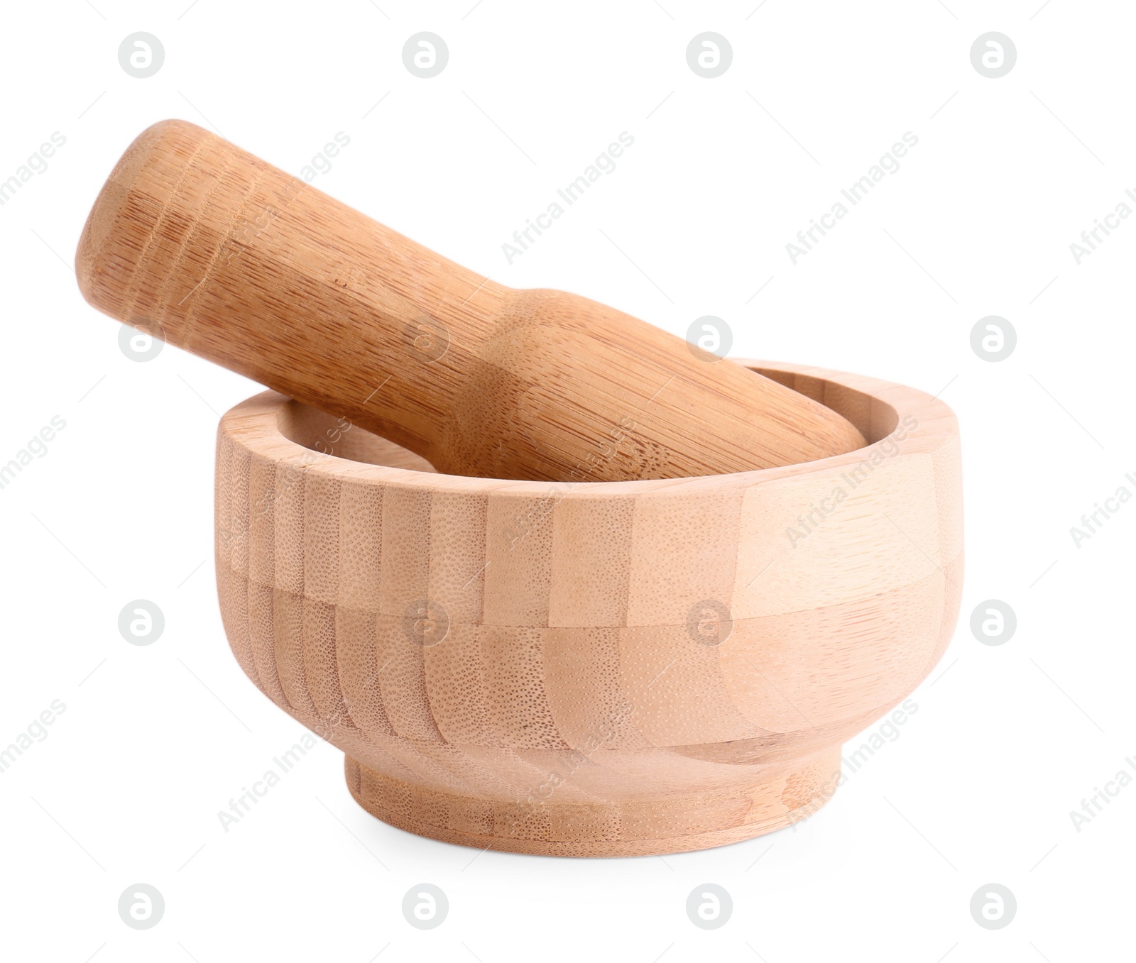 Photo of Wooden mortar and pestle on white background