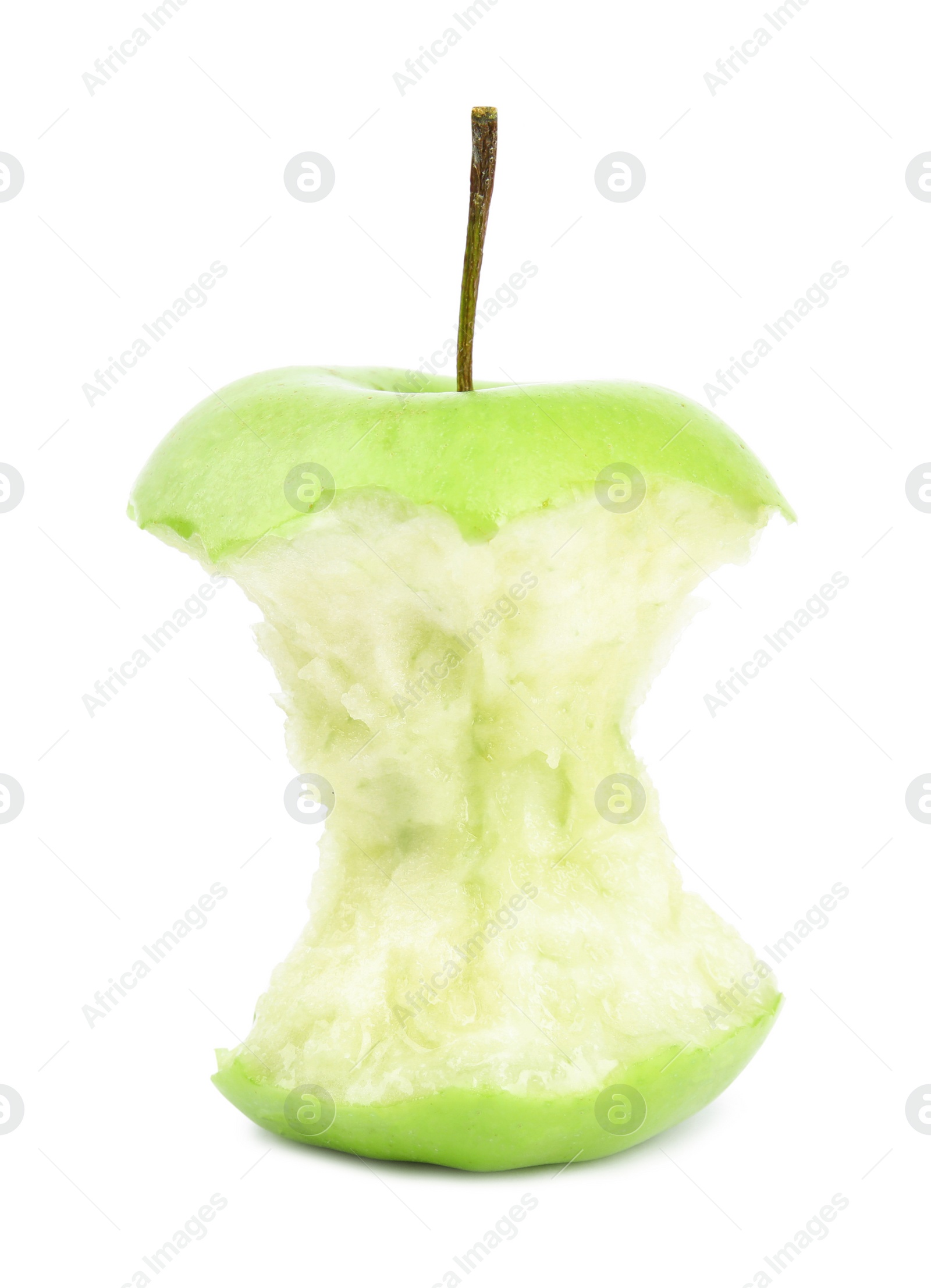 Photo of Half eaten green apple on white background