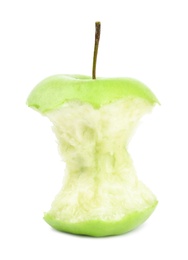 Photo of Half eaten green apple on white background