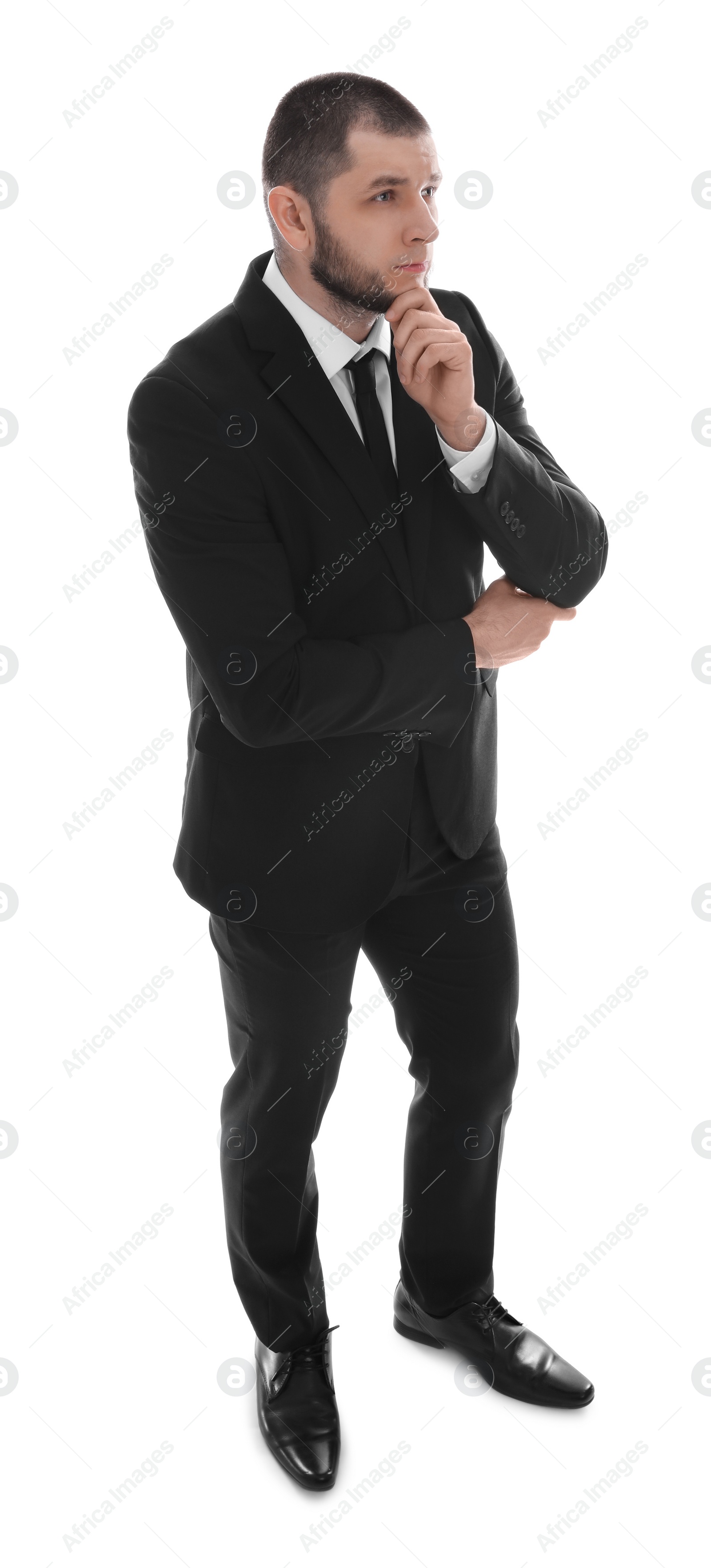 Photo of Thoughtful businessman in suit on white background