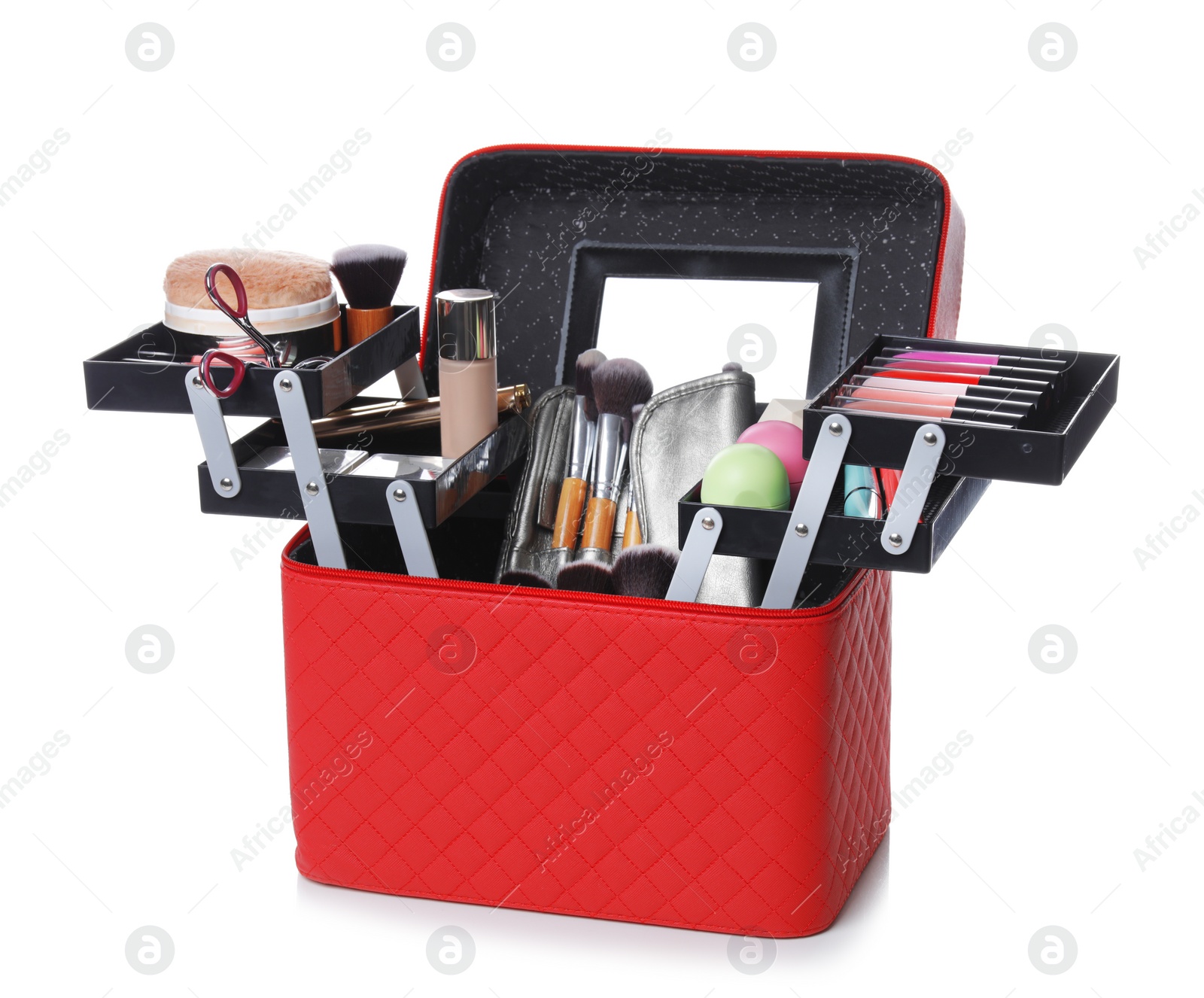 Photo of Stylish case with makeup products and beauty accessories on white background