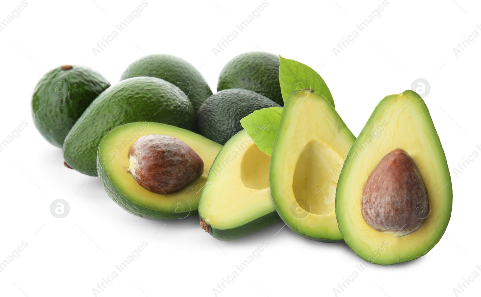 Image of Cut and whole fresh avocados on white background