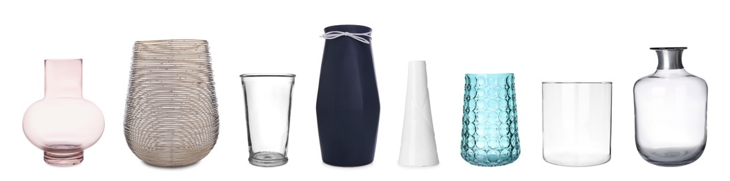 Image of Set of different stylish vases on white background