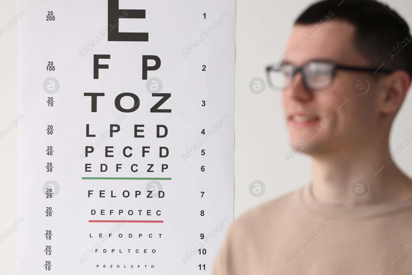 Photo of Young man with glasses against vision test chart, selective focus