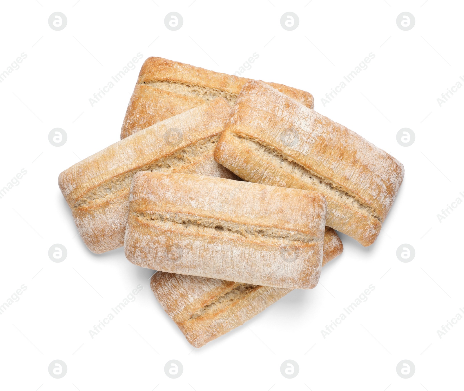 Photo of Crispy ciabattas isolated on white, top view. Fresh bread