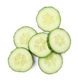 Photo of Pile of fresh cut cucumber isolated on white, top view