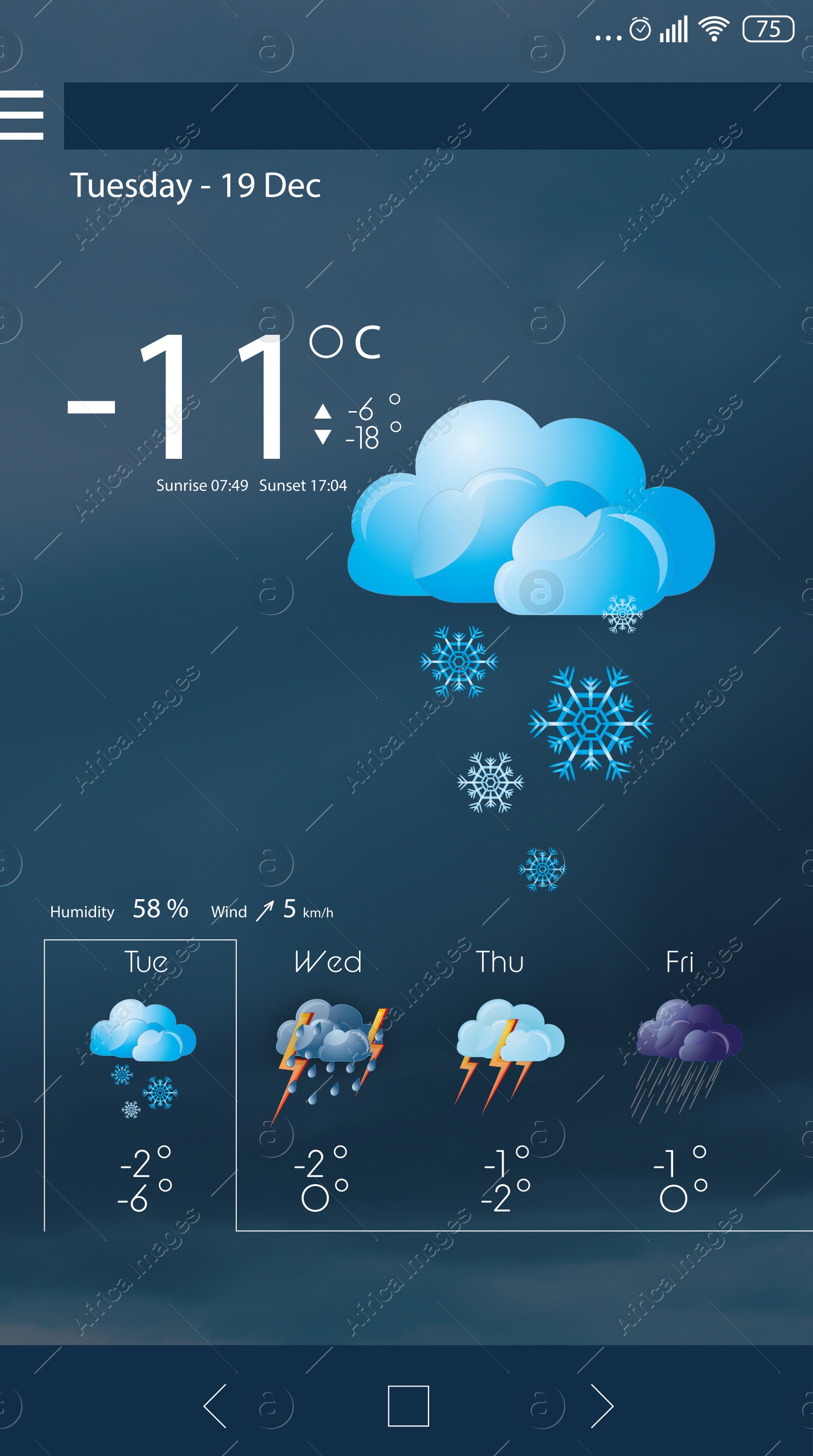 Image of Weather forecast widget on screen. Mobile application