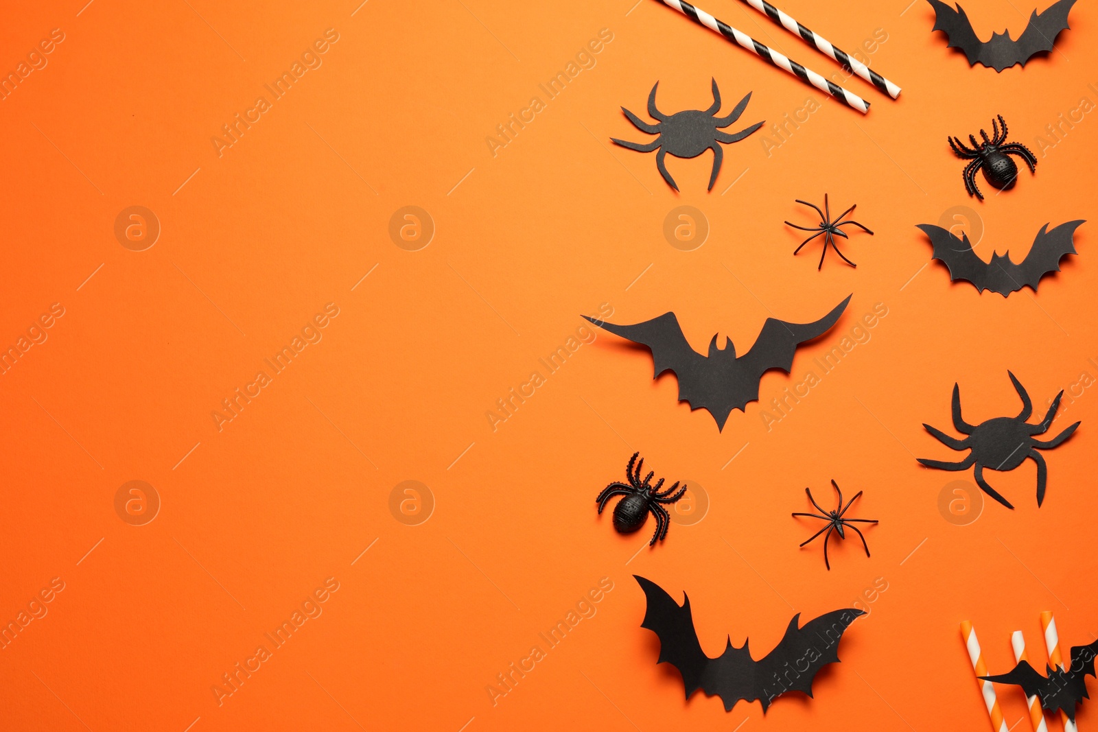 Photo of Flat lay composition with paper bats, spiders and straws on orange background, space for text. Halloween celebration