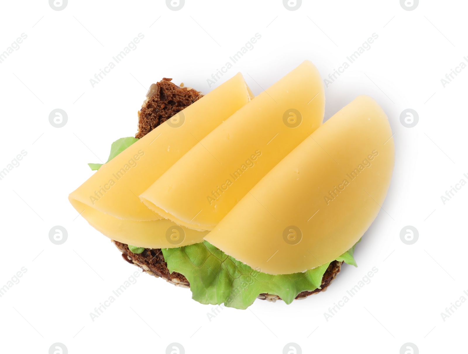 Photo of Tasty sandwich with slices of fresh cheese and lettuce isolated on white, top view