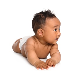 Adorable African-American baby in diaper on white background