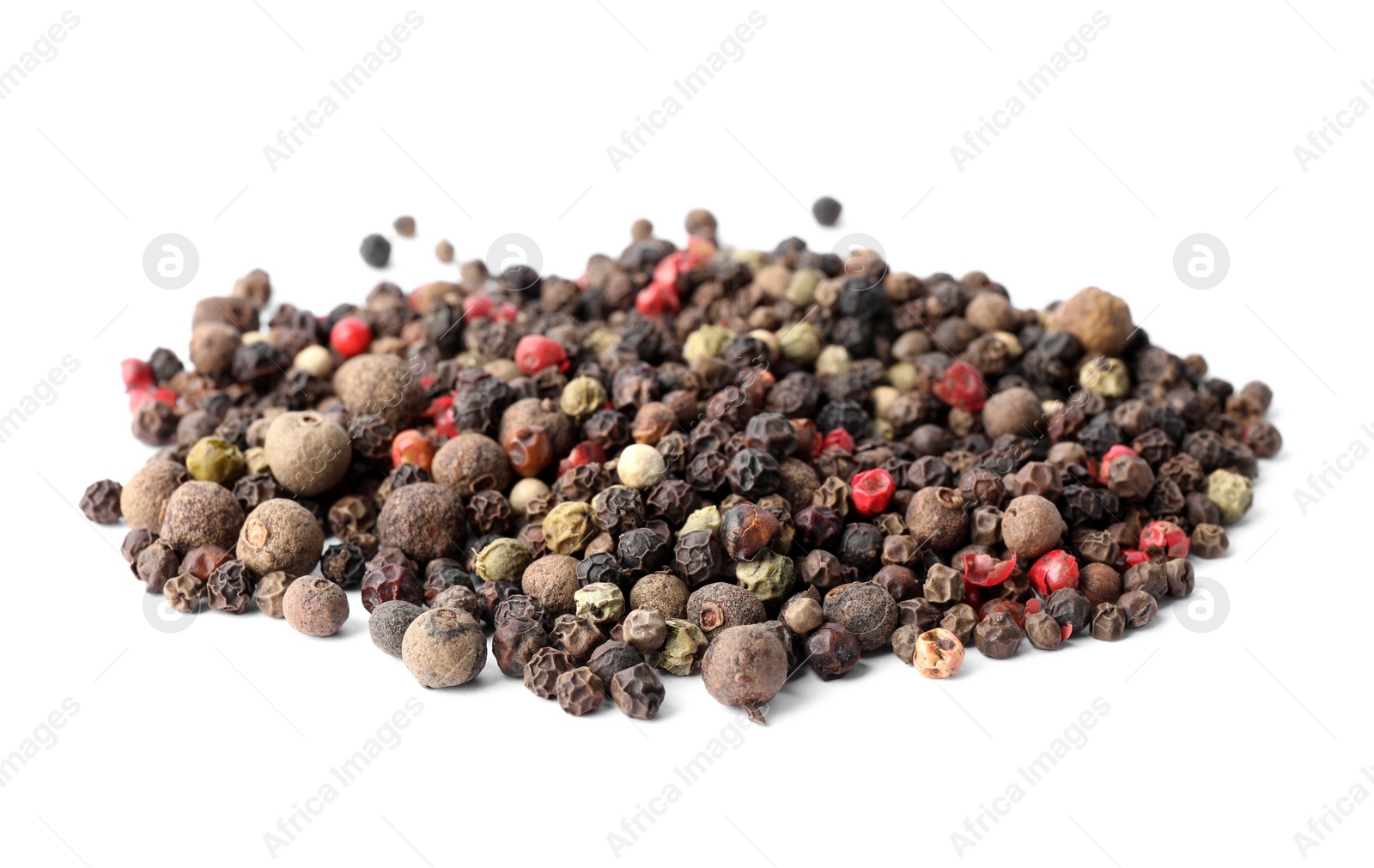 Photo of Mix of different pepper grains isolated on white