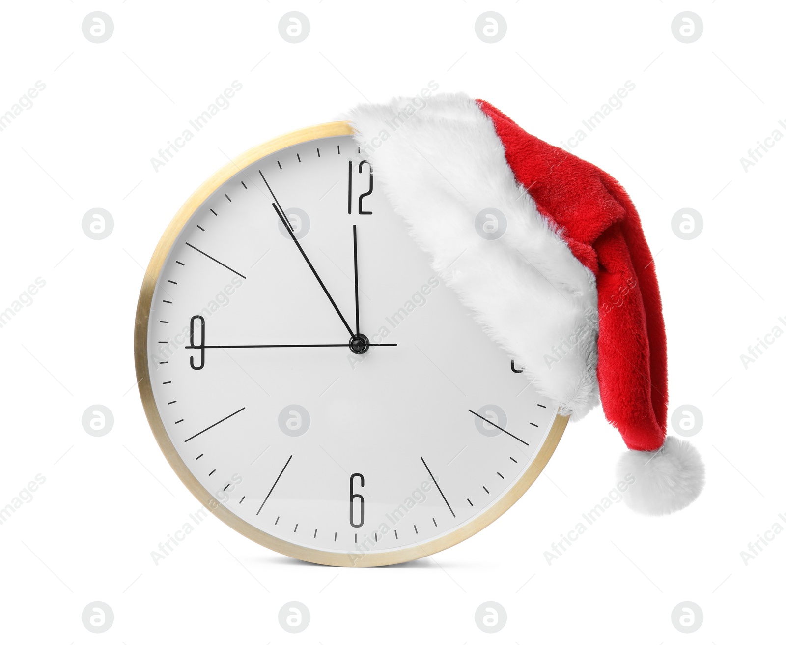 Photo of Clock with Santa hat on white background. Christmas countdown