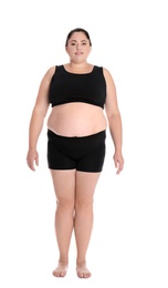 Photo of Full length portrait of fat woman on white background. Weight loss