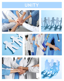 Image of Unity concept. Collage with team of medical workers and paper people chains, closeup 