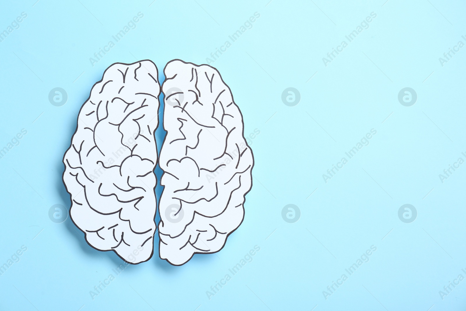 Photo of Paper brain hemispheres on light blue background, top view. Space for text