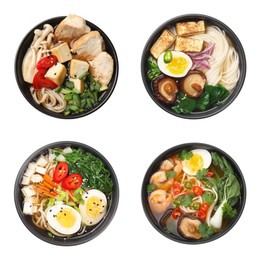 Set with bowls of delicious ramen with different ingredients isolated on white, top view. Noodle soup