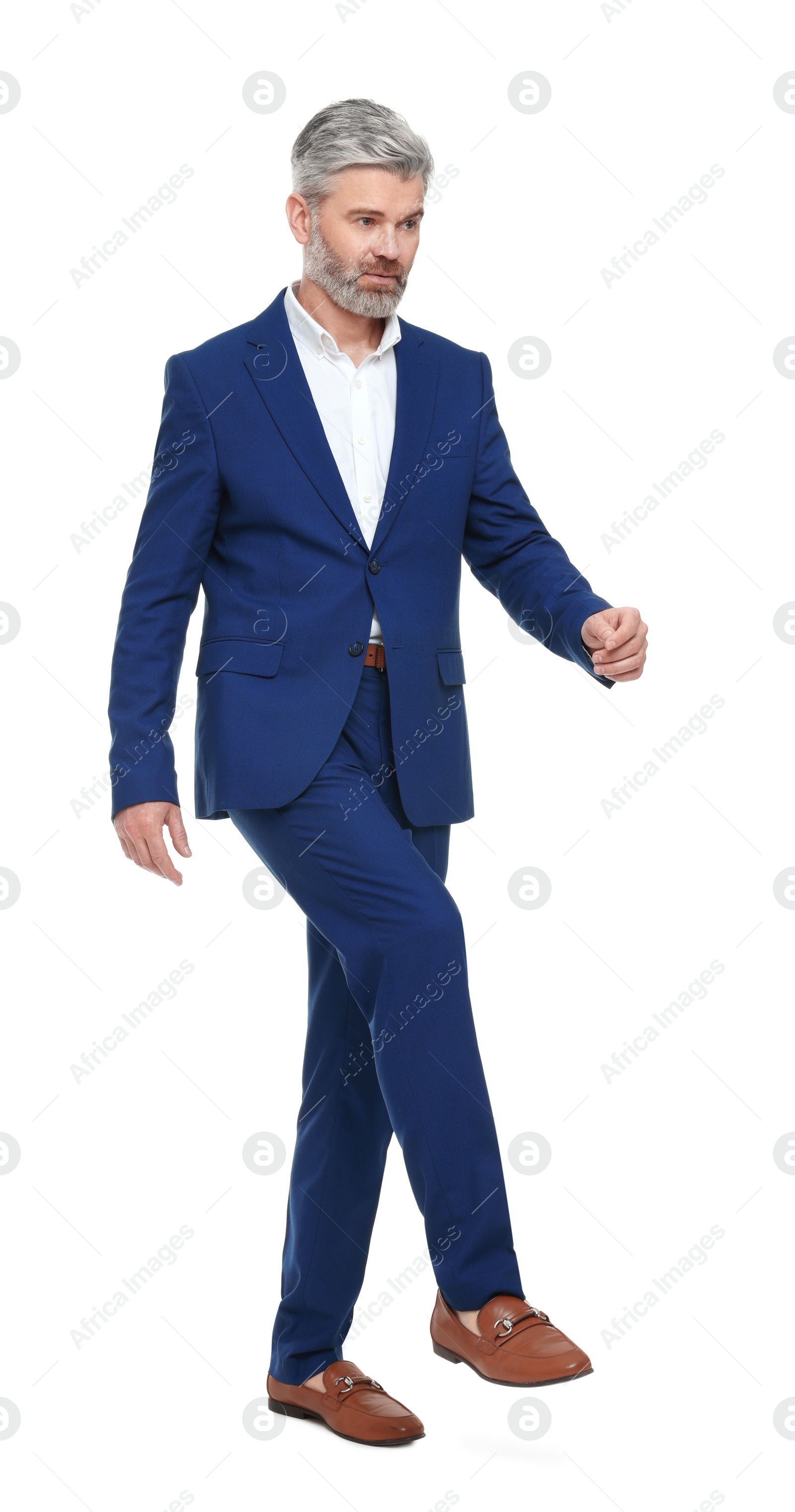 Photo of Mature businessman in stylish clothes posing on white background