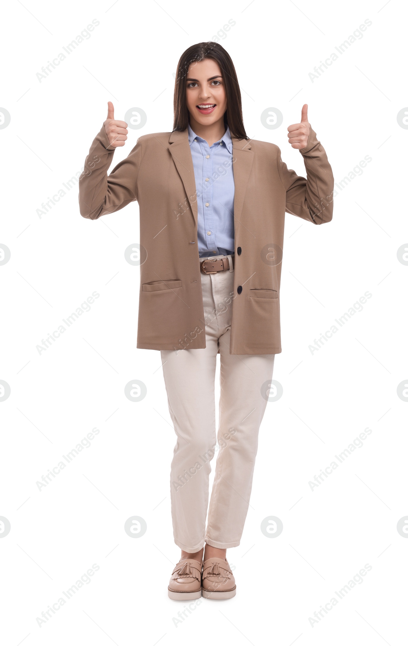 Photo of Beautiful happy businesswoman showing thumbs up on white background