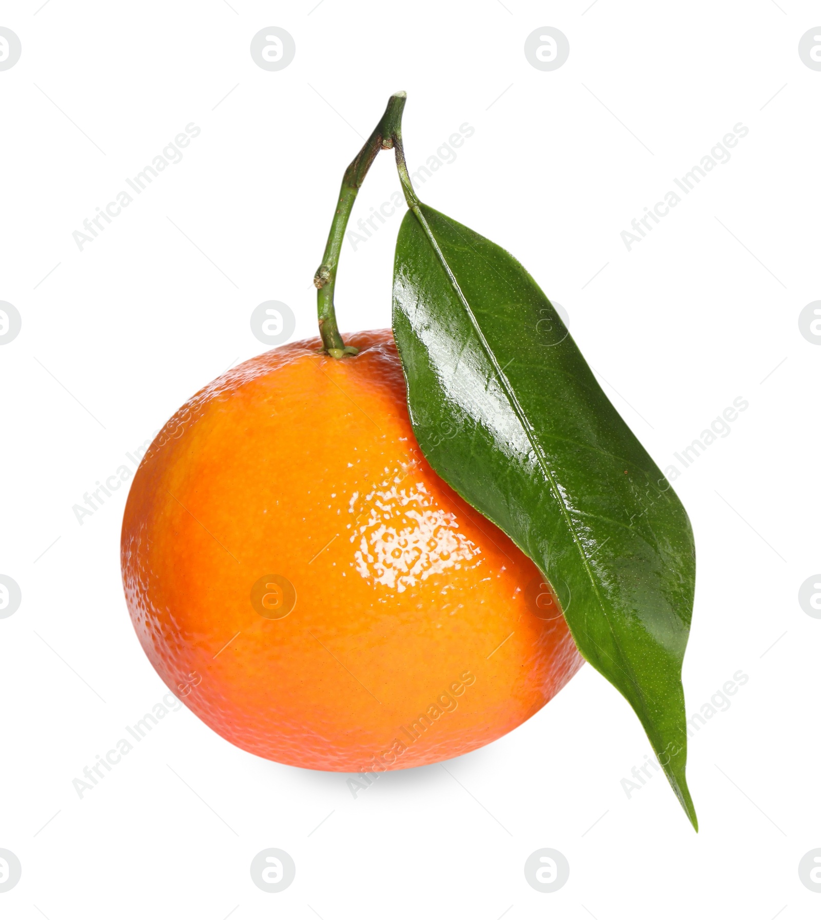 Photo of Fresh ripe juicy tangerine with green leaf isolated on white