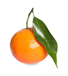 Photo of Fresh ripe juicy tangerine with green leaf isolated on white