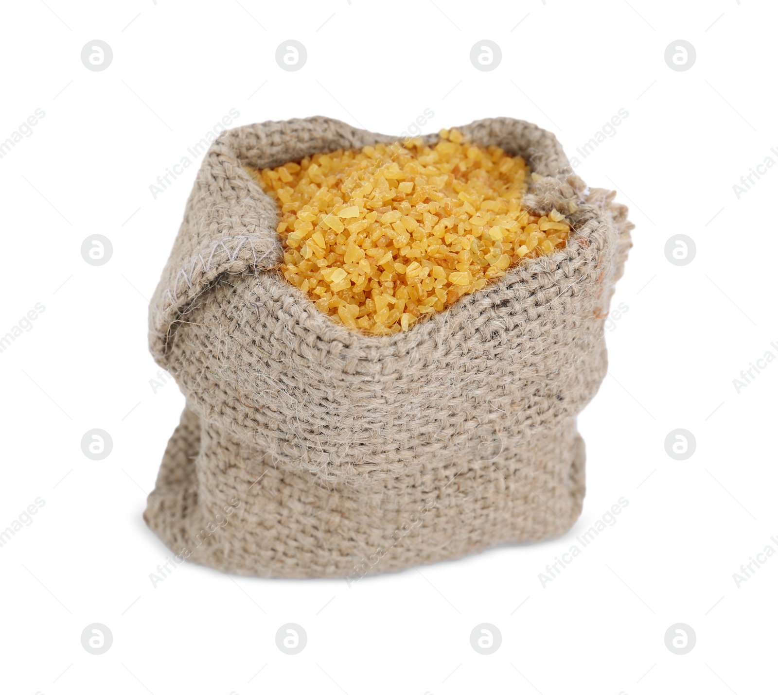 Photo of Sack with uncooked bulgur isolated on white