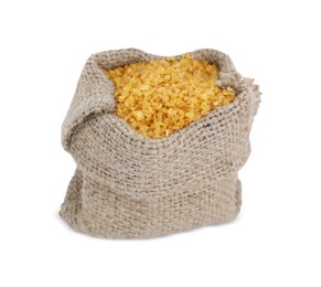 Sack with uncooked bulgur isolated on white