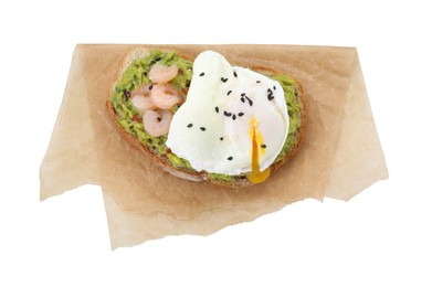 Delicious sandwich with guacamole, shrimps and fried egg isolated on white, top view