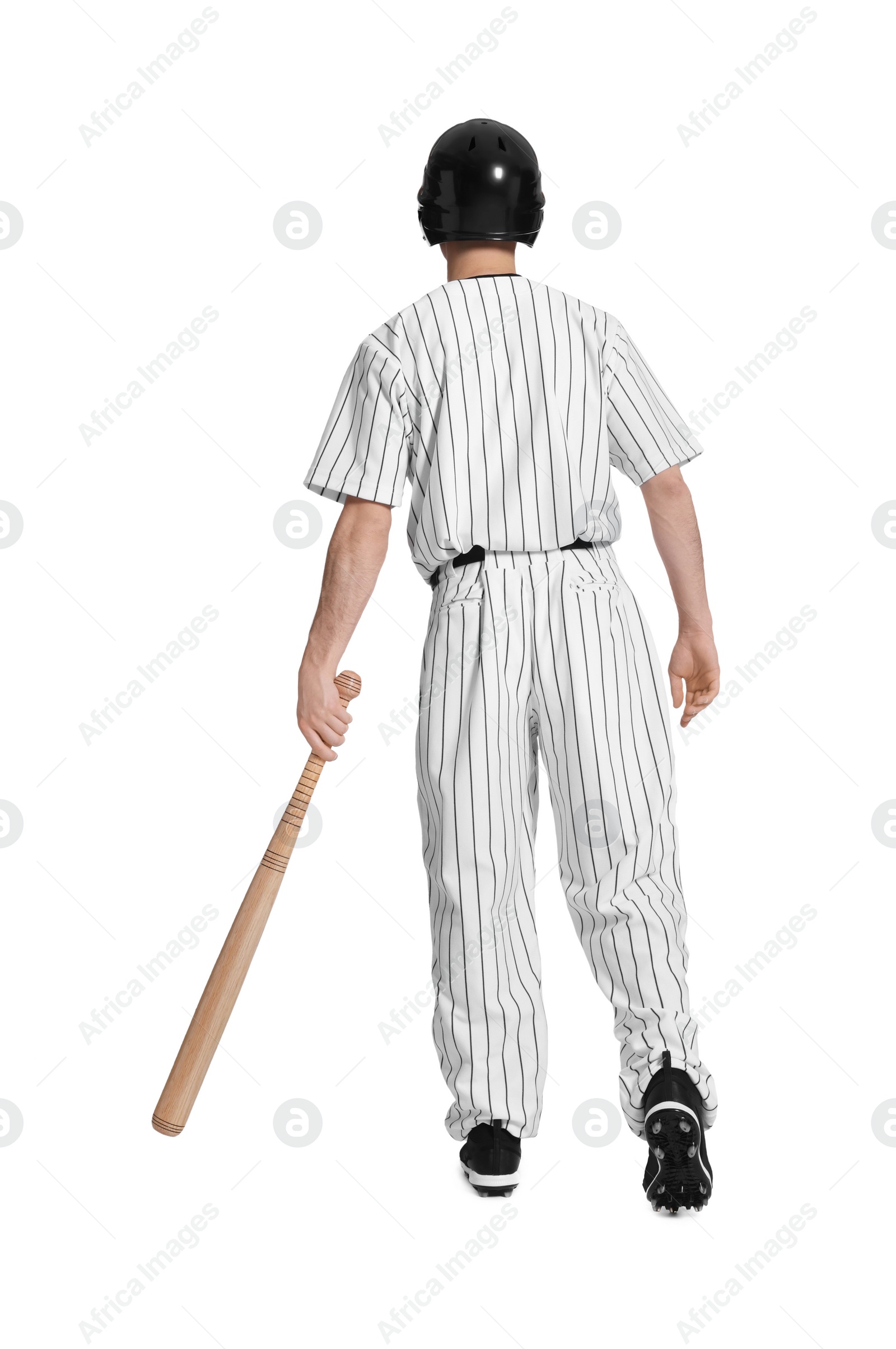 Photo of Baseball player with bat on white background, back view