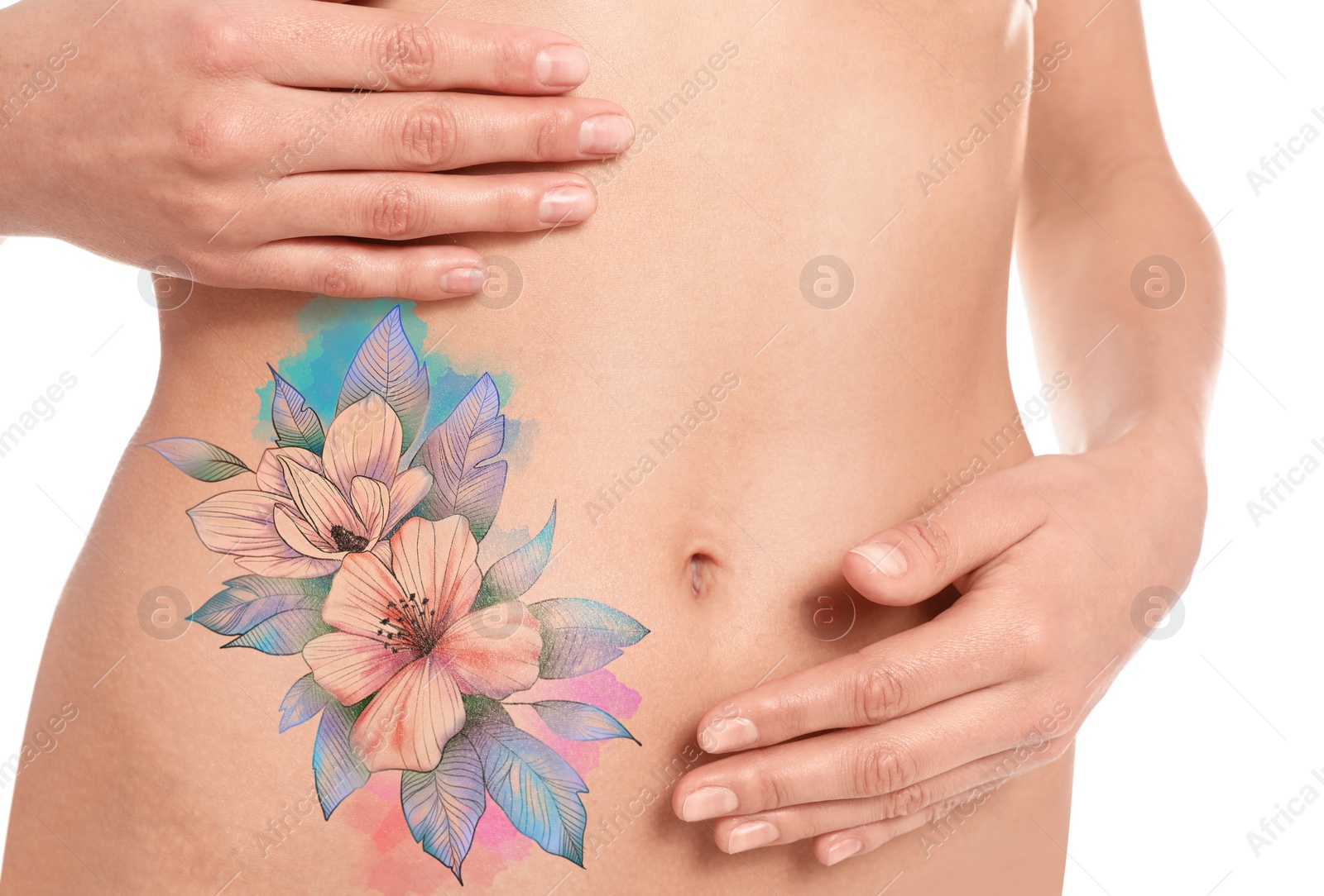 Image of Young woman with beautiful floral tattoo on white background, closeup