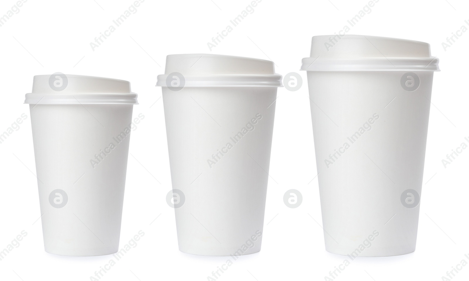 Image of Paper coffee cups of different sizes on white background, collage