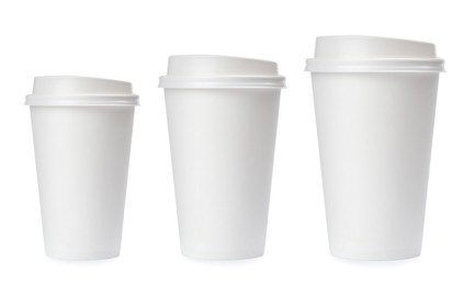 Paper coffee cups of different sizes on white background, collage