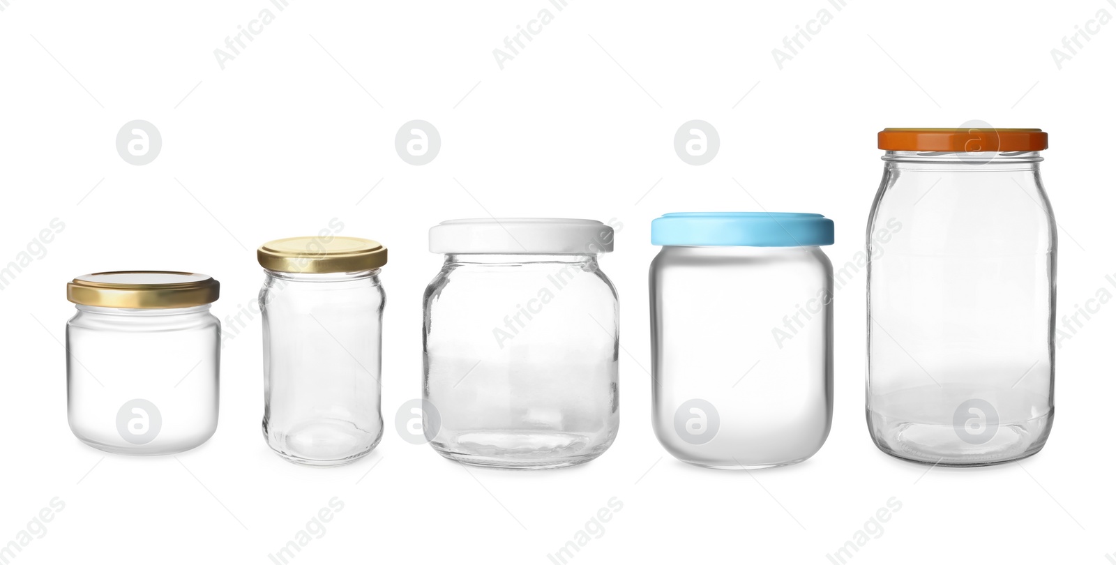 Image of Set with closed empty glass jars on white background. Banner design