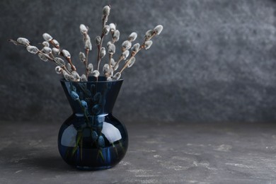 Photo of Beautiful bouquet of pussy willow branches in vase on grey table. Space for text